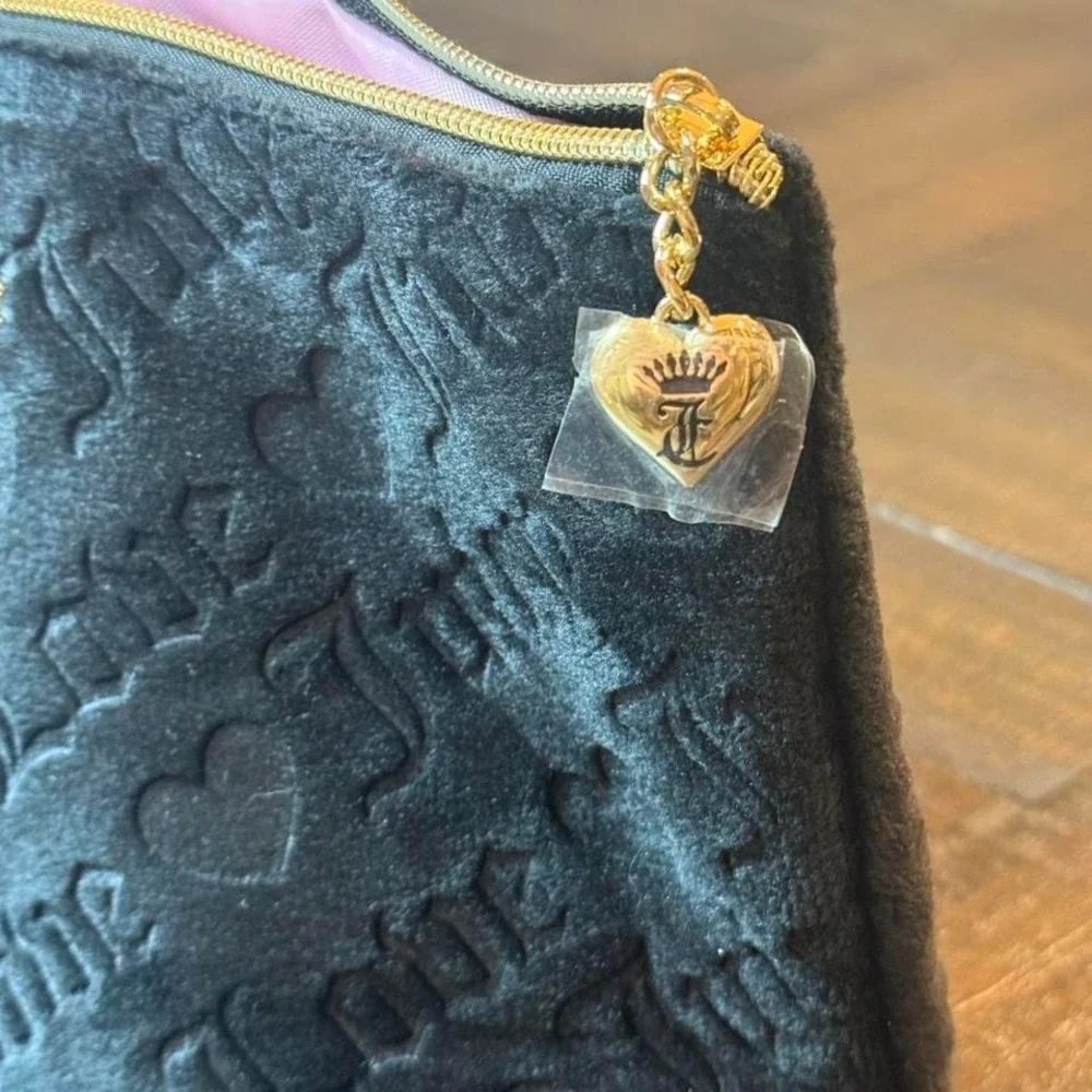 Juicy Couture Black‎ Velvet Makeup Bag Y2K Gold Logo Pink Lining